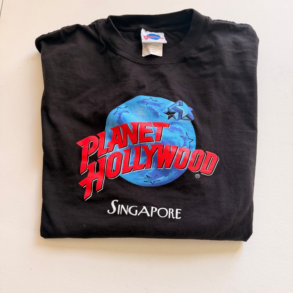 Vintage Planet Hollywood Mens Singapore Graphic T-Shirt XL Black 1991 Distressed